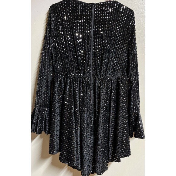 Blue B Collection Large Black Surplice Neck Fit & Flare Sequin Dress High Low - Picture 7 of 8